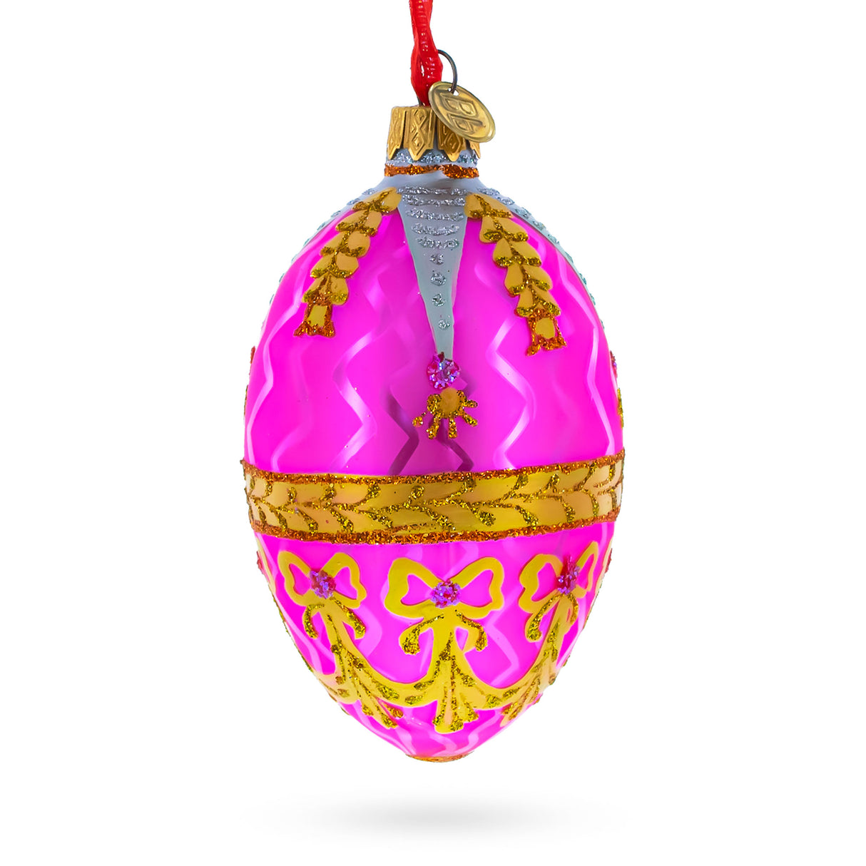 Golden Garlands On Pink Egg Glass Ornament 4 Inches in Pink color, Oval shape
