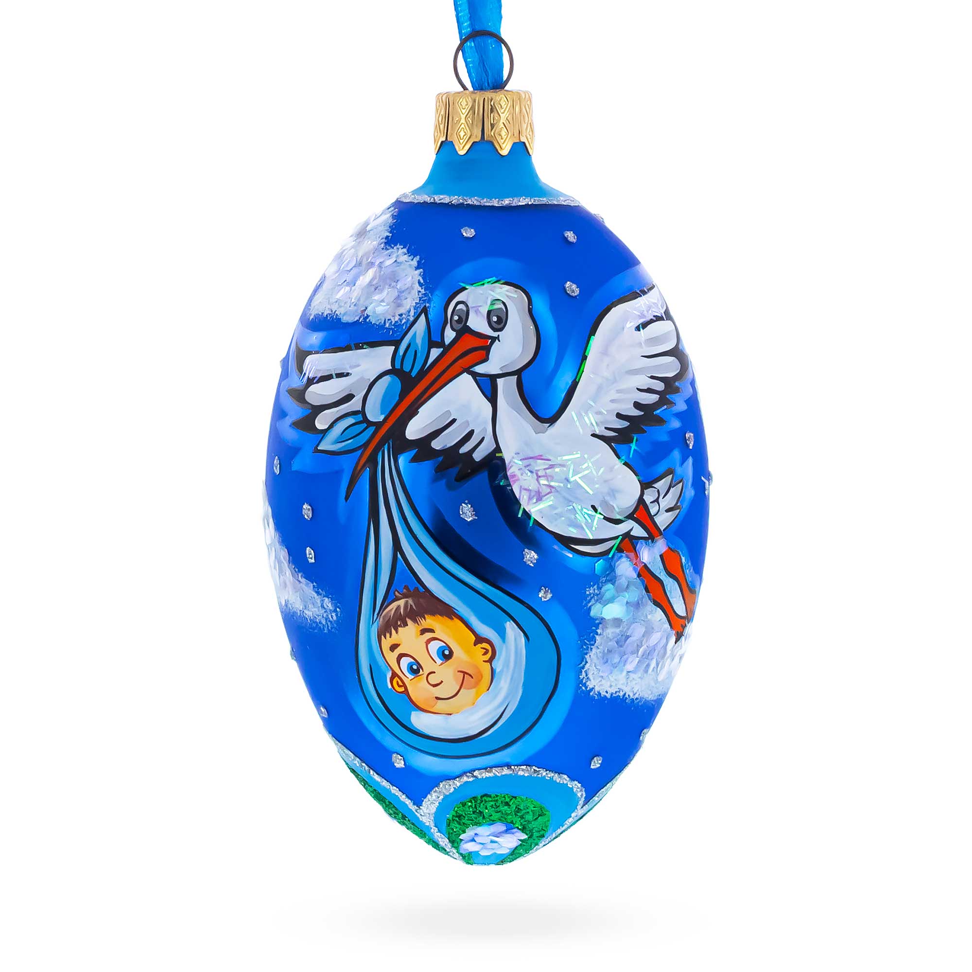 Newborn Baby Boy Egg Glass Ornament 4 Inches in Blue color Oval