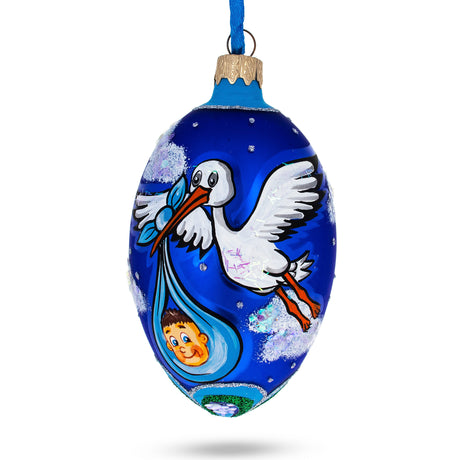 Newborn Baby Boy Egg Glass Ornament 4 Inches in Blue color Oval