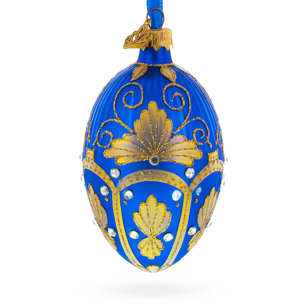 Golden Pearls on Blue Guilloche Glass Egg Christmas Ornament 4 Inches in Blue color Oval