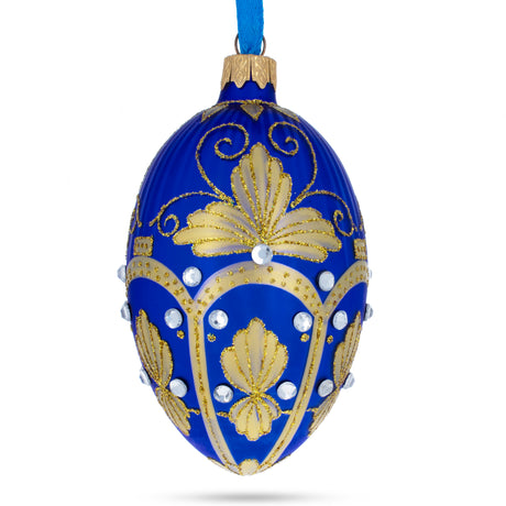 Golden Pearls on Blue Guilloche Glass Egg Christmas Ornament 4 Inches in Blue color, Oval shape
