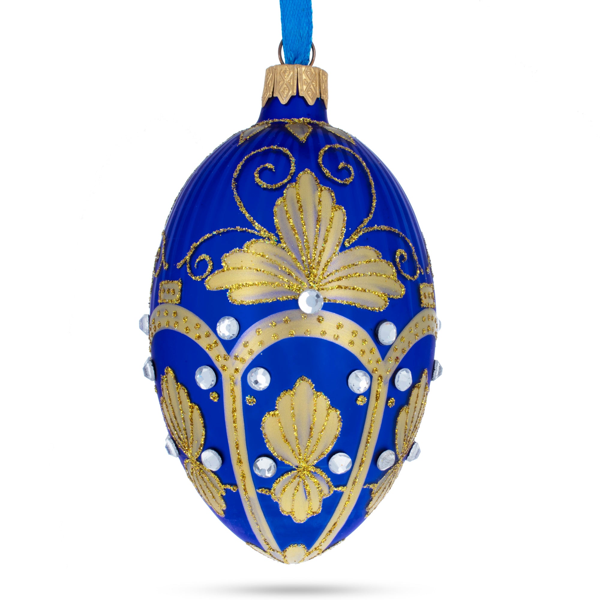 Golden Pearls on Blue Guilloche Glass Egg Christmas Ornament 4 Inches in Blue color Oval