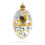 Bee On Flowers Glass Egg Ornament 4 Inches in White color Oval