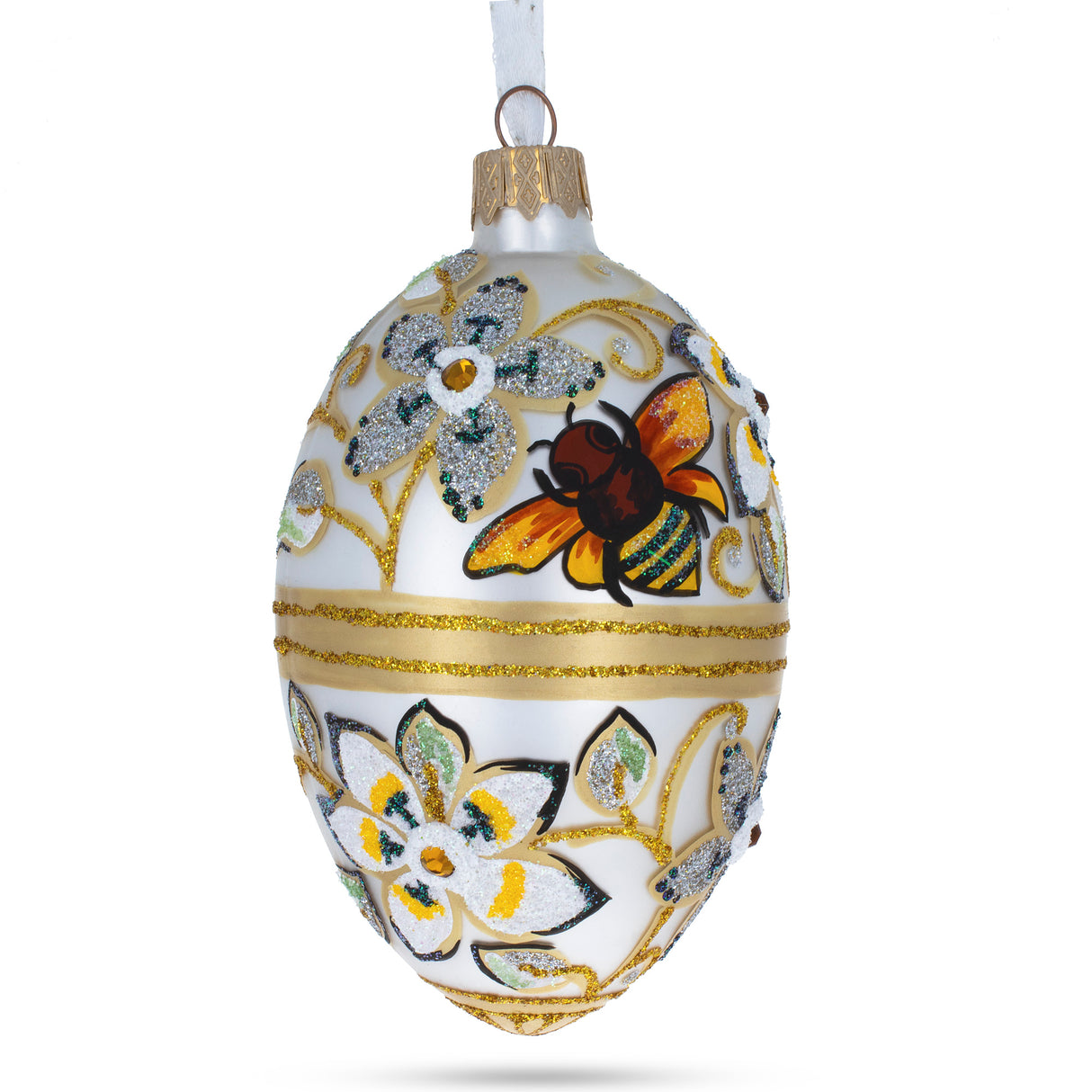 Bee On Flowers Glass Egg Ornament 4 Inches in White color, Oval shape