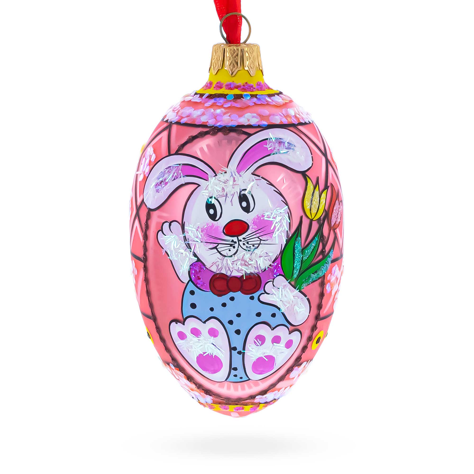 Easter Bunny With Tulips Glass Egg Ornament 4 Inches in Red color Oval