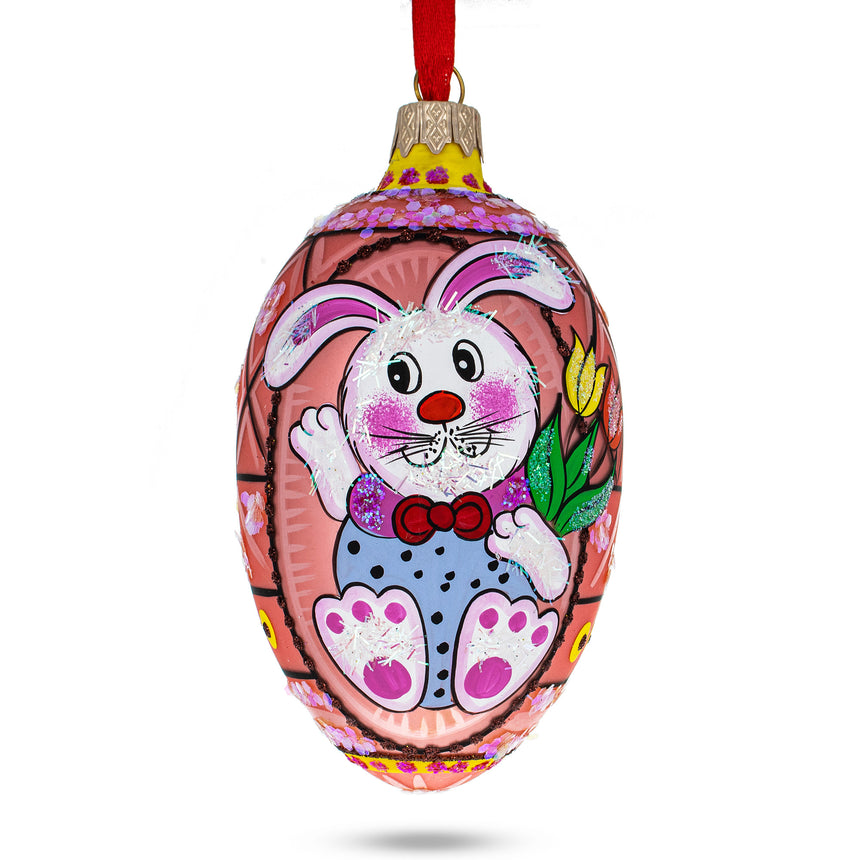 Bunny With Tulips Glass Egg Ornament 4 Inches in Red color Oval