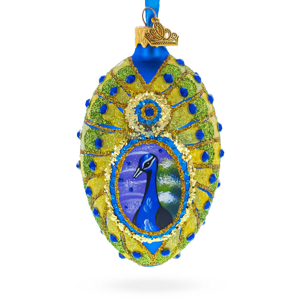 Peacock Glass Egg Ornament 4 Inches in Blue color Oval