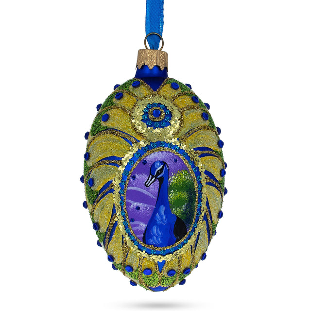 Peacock Glass Egg Ornament 4 Inches in Blue color, Oval shape