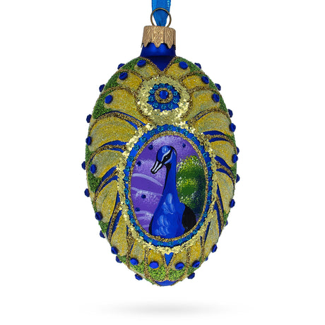 Peacock Glass Egg Ornament 4 Inches in Blue color Oval