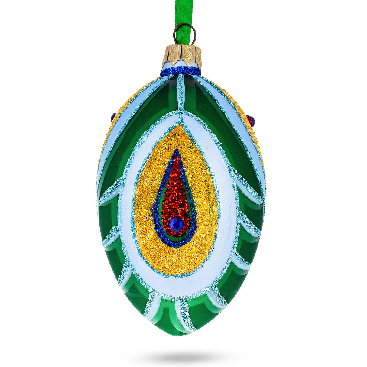 Peacock Feather Glass Egg Ornament 4 Inches in Green color, Oval shape