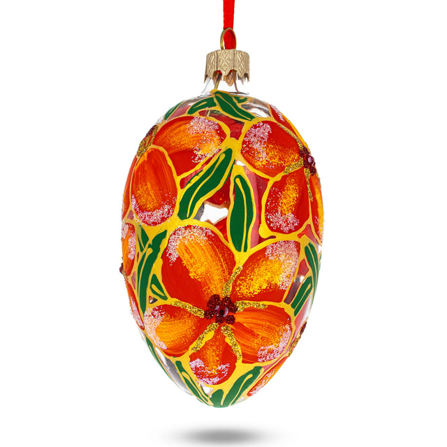 Red Flowers Bouquet Glass Egg Ornament 4 Inches in Red color, Oval shape