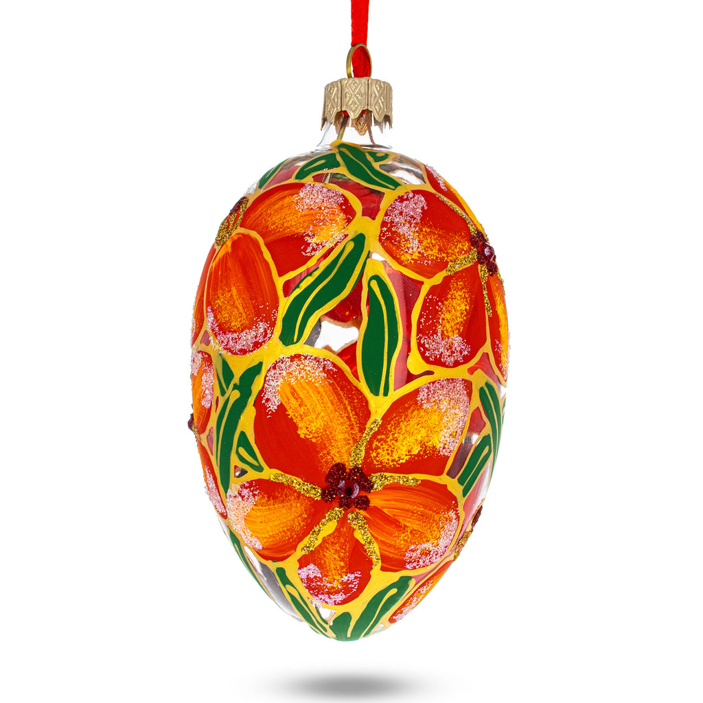 Red Flowers Bouquet Glass Egg Ornament 4 Inches in Red color Oval