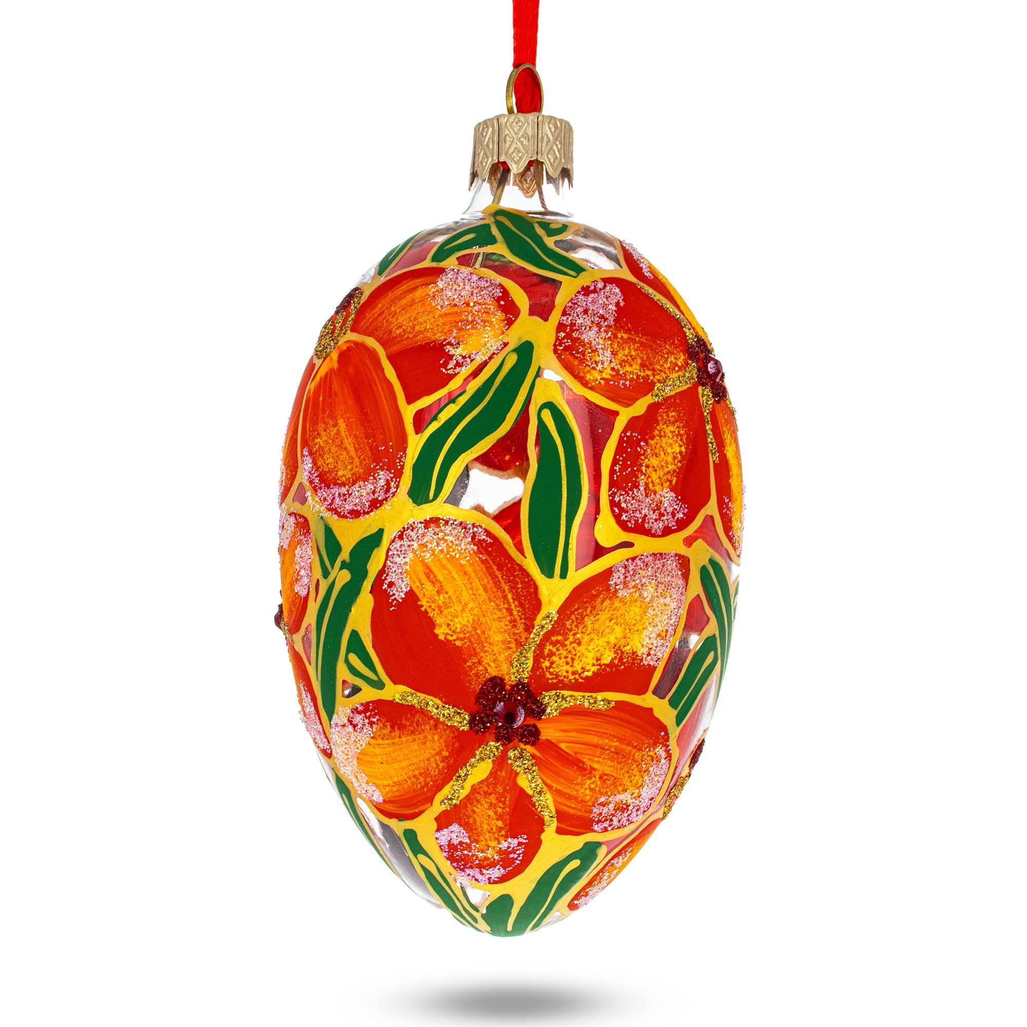 Red Flowers Bouquet Glass Egg Ornament 4 Inches in Red color Oval