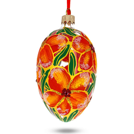 Red Flowers Bouquet Glass Egg Ornament 4 Inches in Red color Oval