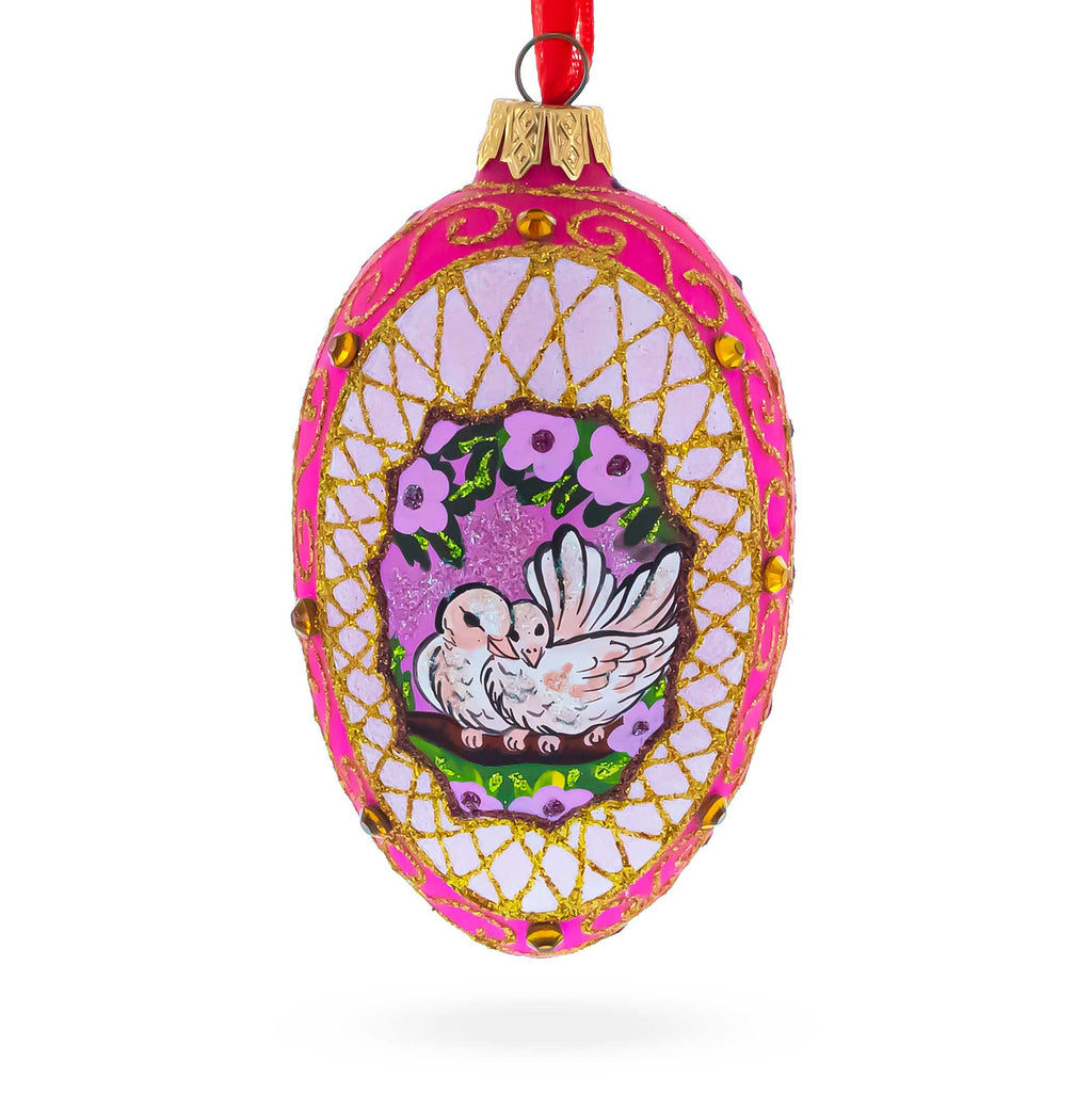 Romantic Doves in Floral Glass Egg Ornament 4 Inches in Red color Oval