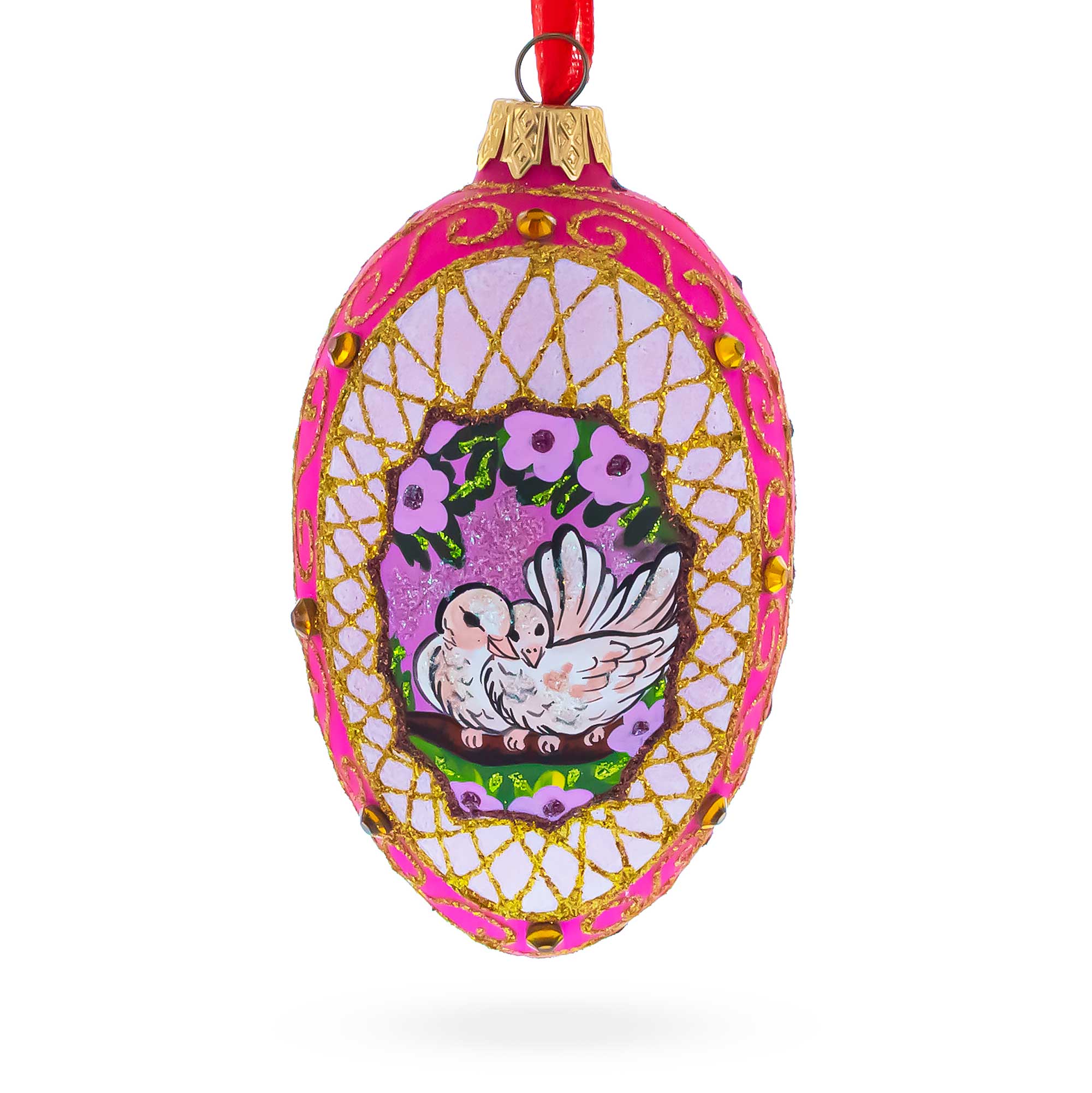 Romantic Doves in Floral Glass Egg Ornament 4 Inches in Red color Oval