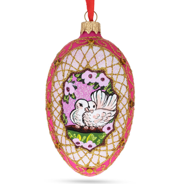 Two Loving Birds In Nest Glass Egg Ornament 4 Inches in Red color Oval