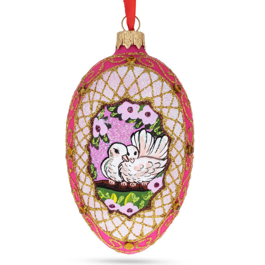 Two Loving Birds In Nest Glass Egg Ornament 4 Inches in Red color Oval