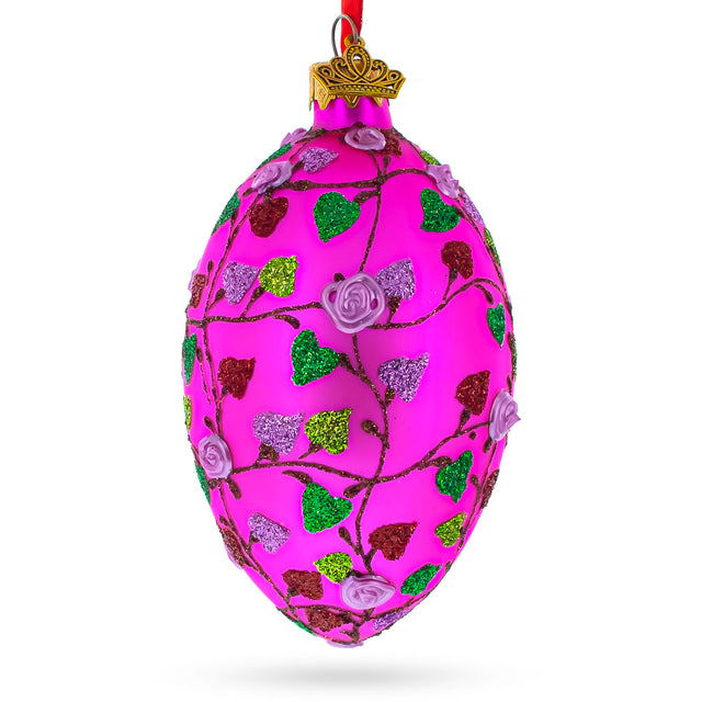 Vibrant Pink Heart Vines with 3D Roses Glass Egg Christmas Ornament 4 Inches in Red color Oval