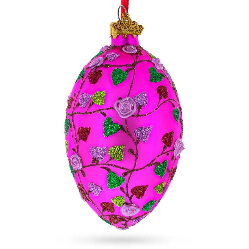 Vibrant Pink Heart Vines with 3D Roses Glass Egg Christmas Ornament 4 Inches in Red color Oval