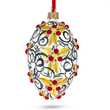 Red Berries On Clear Glass Egg Ornament 4 Inches in Clear color, Oval shape