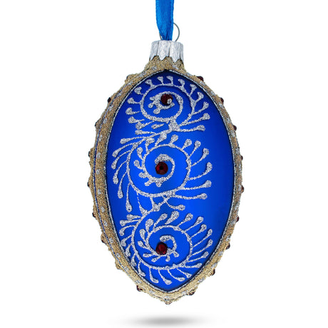 Silver on Blue Jeweled Glass Egg Ornament 4 Inches in Blue color Oval