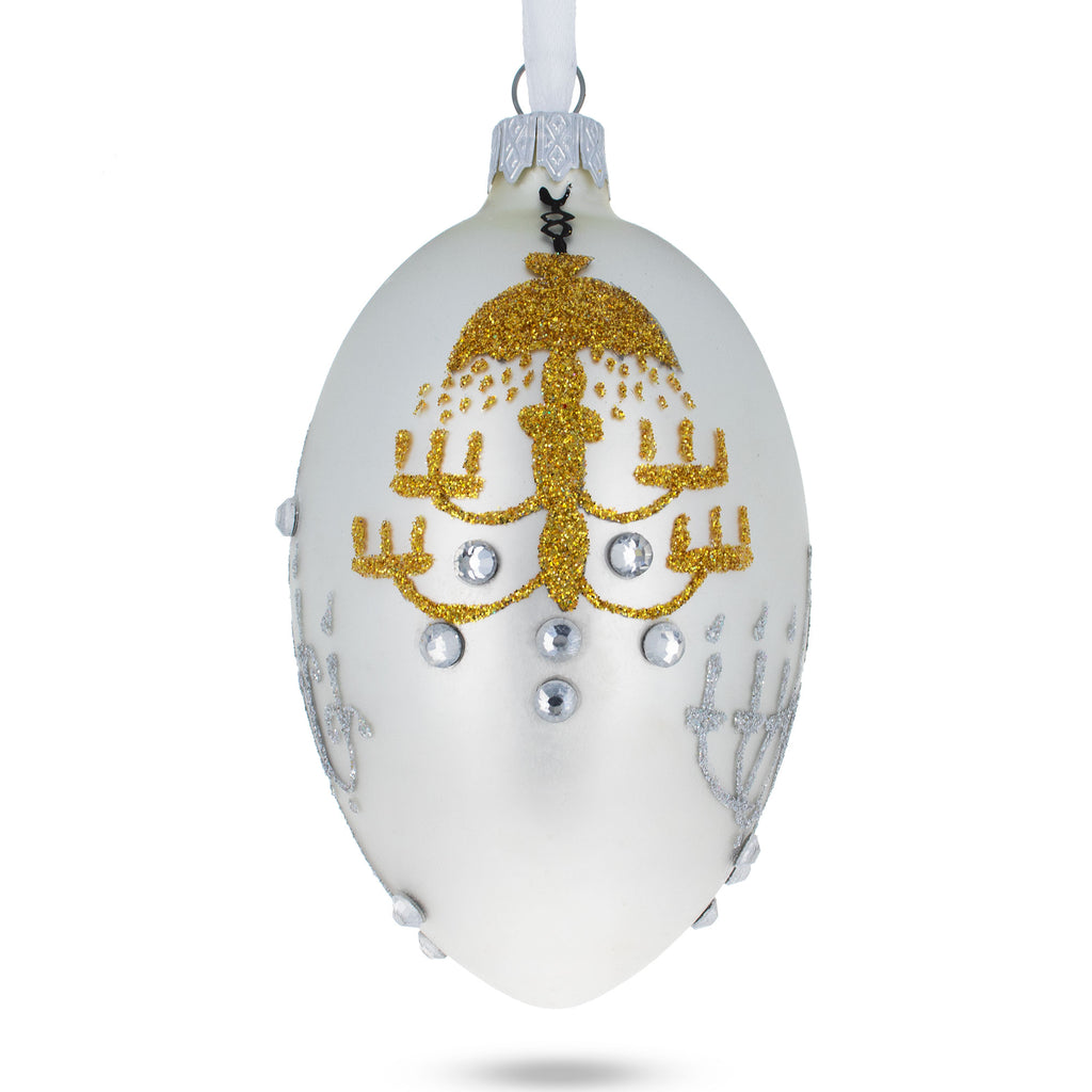 Chandeliers On White Glass Egg Ornament 4 Inches in White color Oval