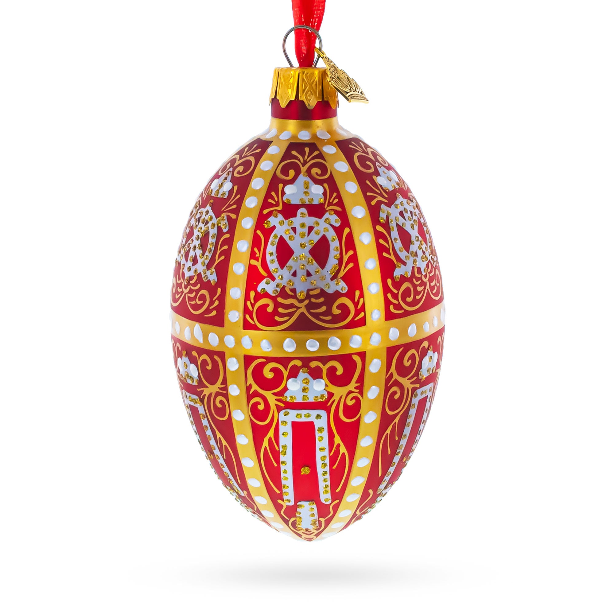 1896 Twelve Monograms in Red Royal Egg Glass Ornament 4 Inches in Red color Oval