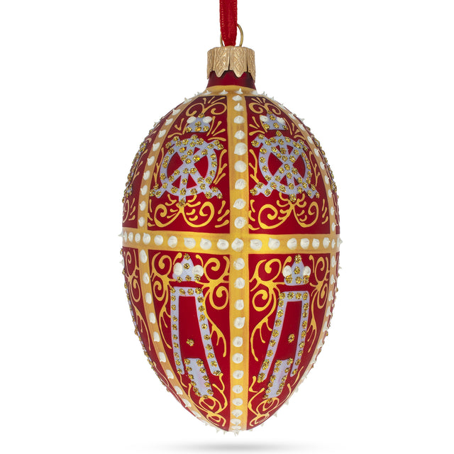Glass 1896 Twelve Monograms in Red Royal Egg Glass Ornament 4 Inches in Red color Oval