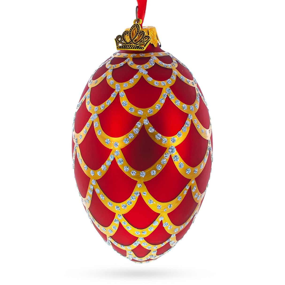 1900 Pine Cone In Red Royal Egg Glass Ornament 4 Inches in Red color, Oval shape