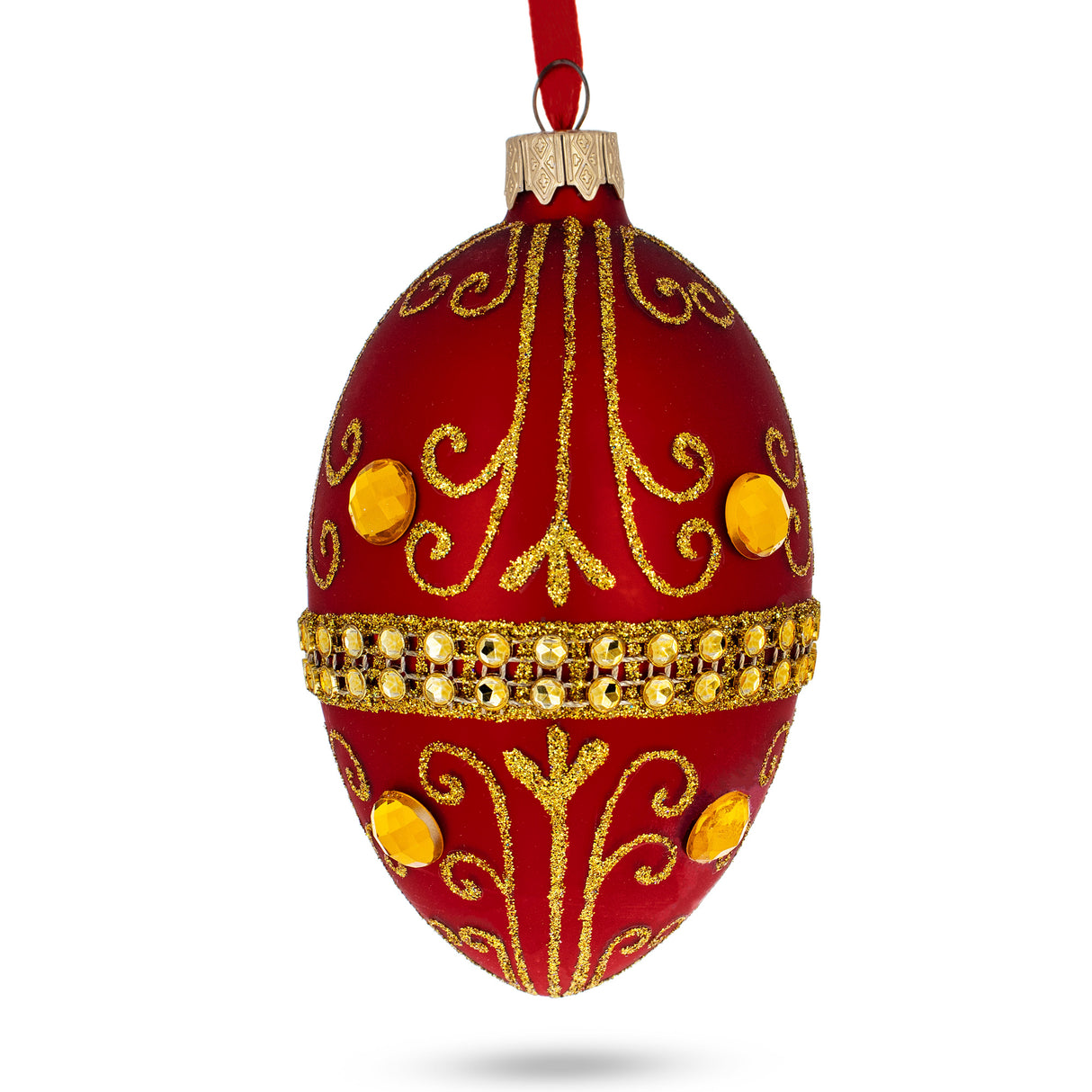 Jeweled Red Glass Egg Ornament 4 Inches in Red color, Oval shape