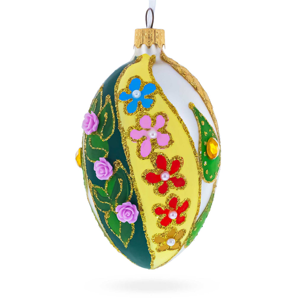 Roses On Spiral Leaves Glass Egg Ornament 4 Inches in Multi color Oval