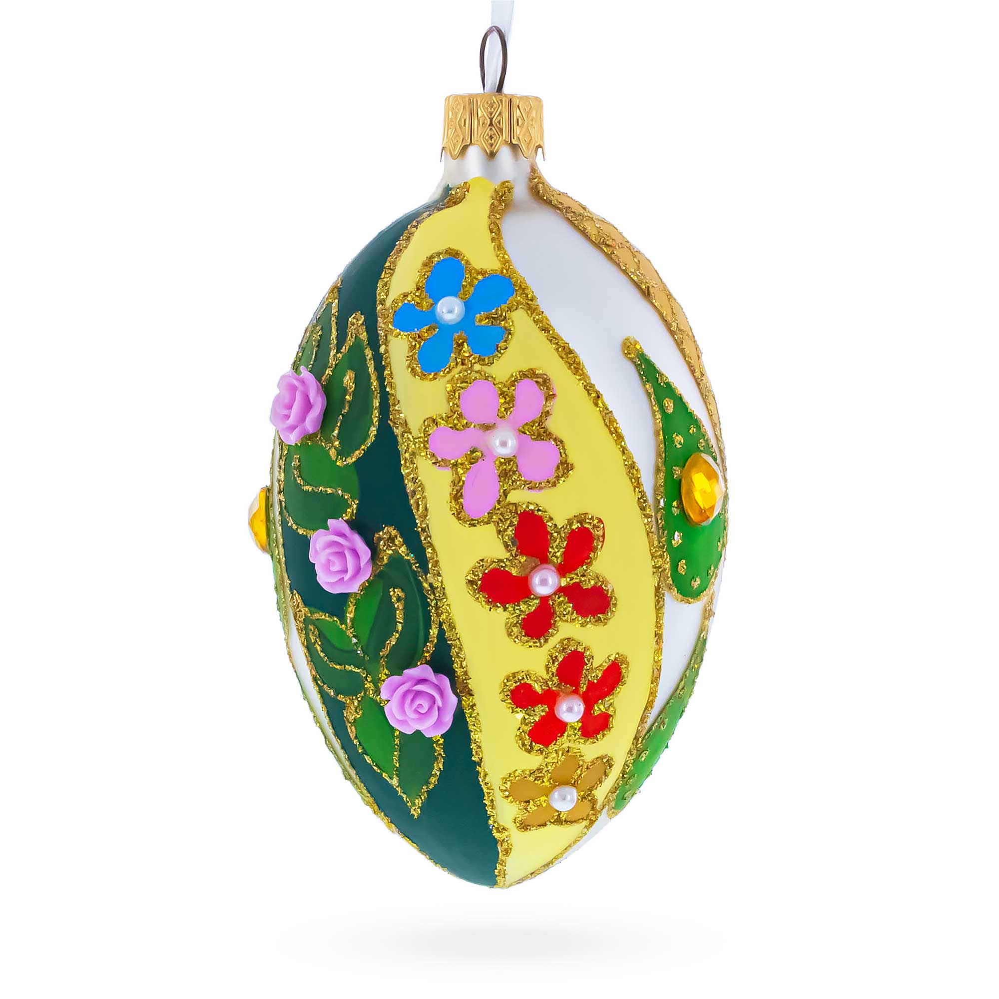 Roses On Spiral Leaves Glass Egg Ornament 4 Inches in Multi color Oval