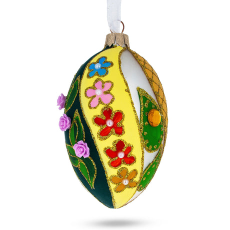 Glass Roses On Spiral Leaves Glass Egg Ornament 4 Inches in Multi color Oval