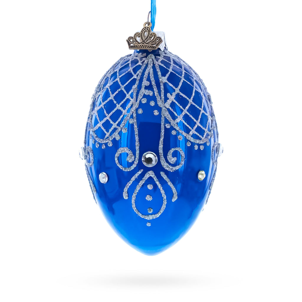Jeweled Blue Glossy Royal Inspired Glass Egg Ornament 4 Inches in Blue color Oval
