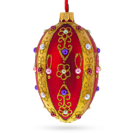 Glass Jeweled Red Royal Inspired Glass Egg Ornament 4 Inches in Red color Oval