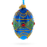 Jeweled Red on Blue Glass Egg Ornament 4 Inches in Blue color Oval