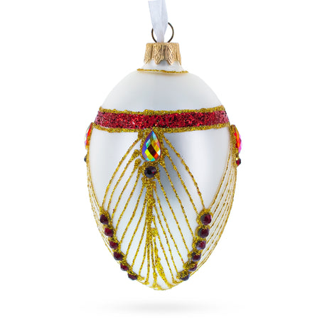 Glass Red Jewels Eccentrics on White Glass Egg Ornament 4 Inches in White color Oval