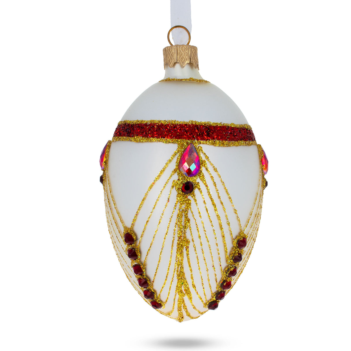 Red Jewels Eccentrics on White Glass Egg Ornament 4 Inches in White color, Oval shape