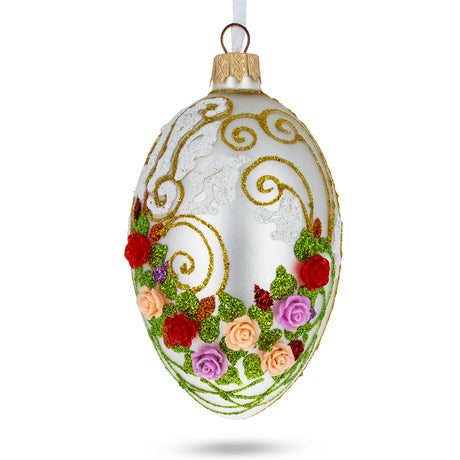 3D Flowers on White Glass Egg Ornament 4 Inches in White color, Oval shape