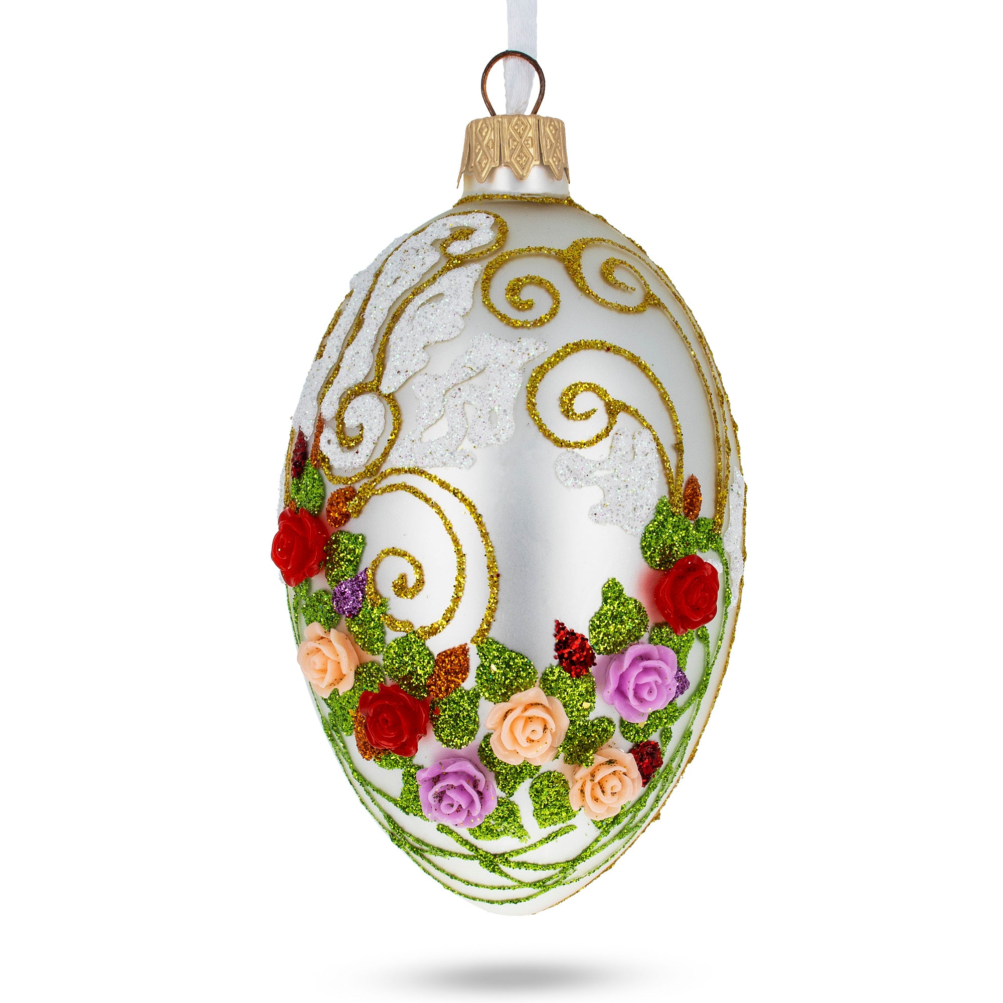 3D Flowers on White Glass Egg Ornament 4 Inches in White color Oval