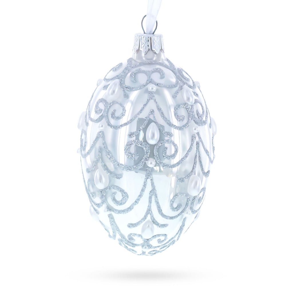 Jeweled Beads on Glossy White Glass Egg Ornament 4 Inches in White color Oval