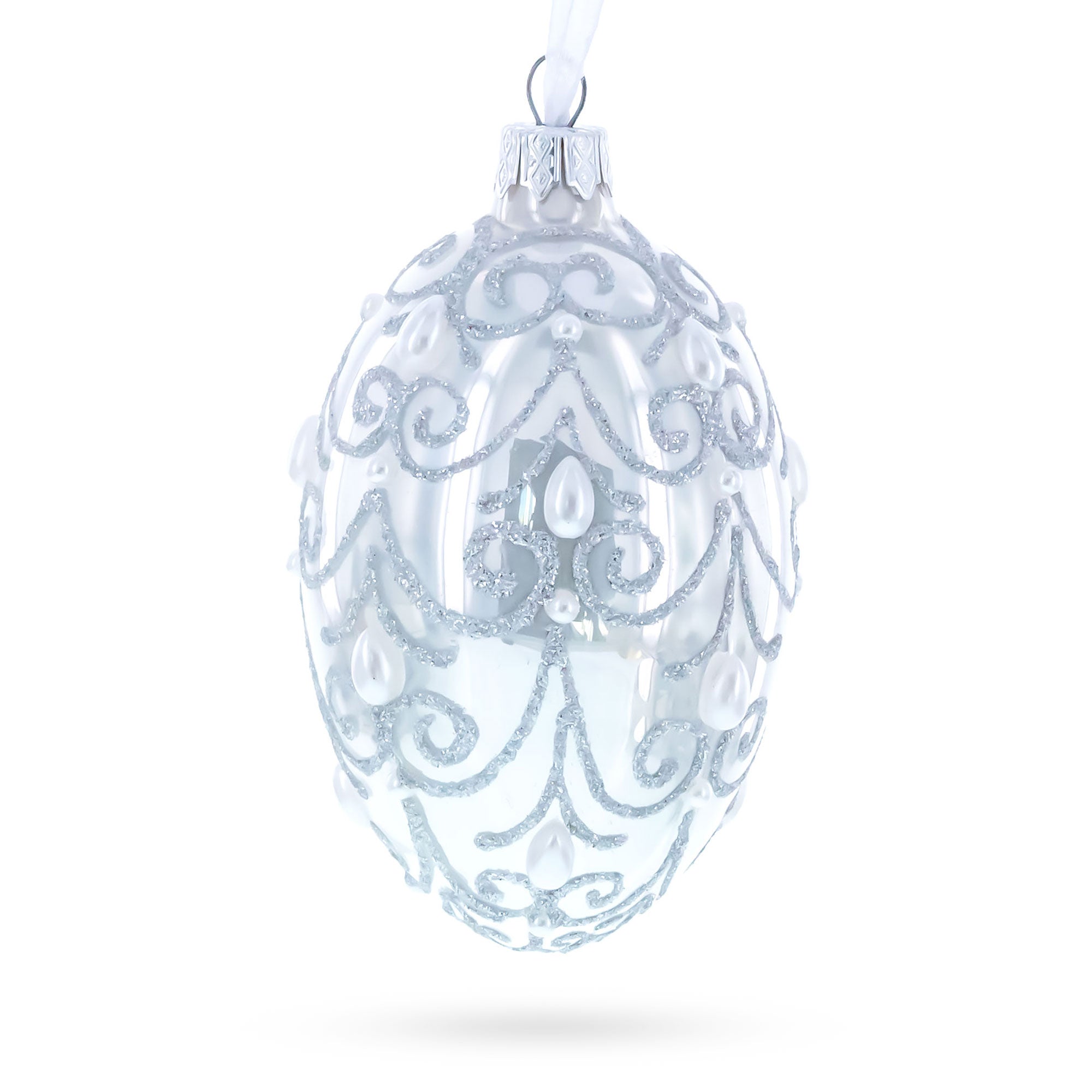 Jeweled Beads on Glossy White Glass Egg Ornament 4 Inches in White color Oval