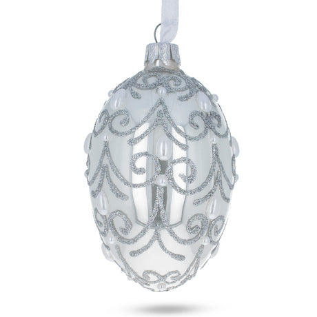 Jeweled Beads on Glossy White Glass Egg Ornament 4 Inches in White color, Oval shape