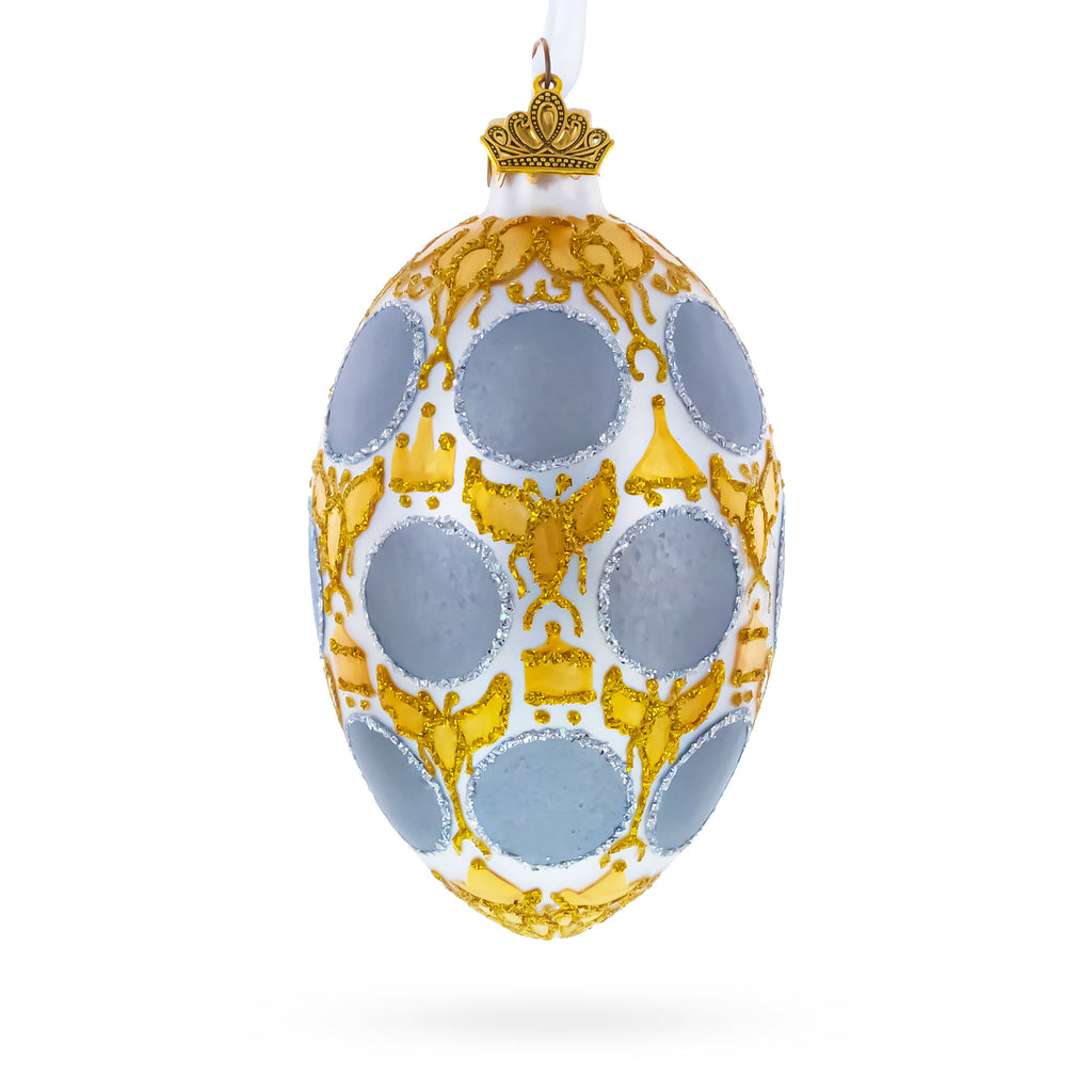 1913 Romanov Tercentenary Royal Glass Egg Ornament 4 Inches in Silver color Oval