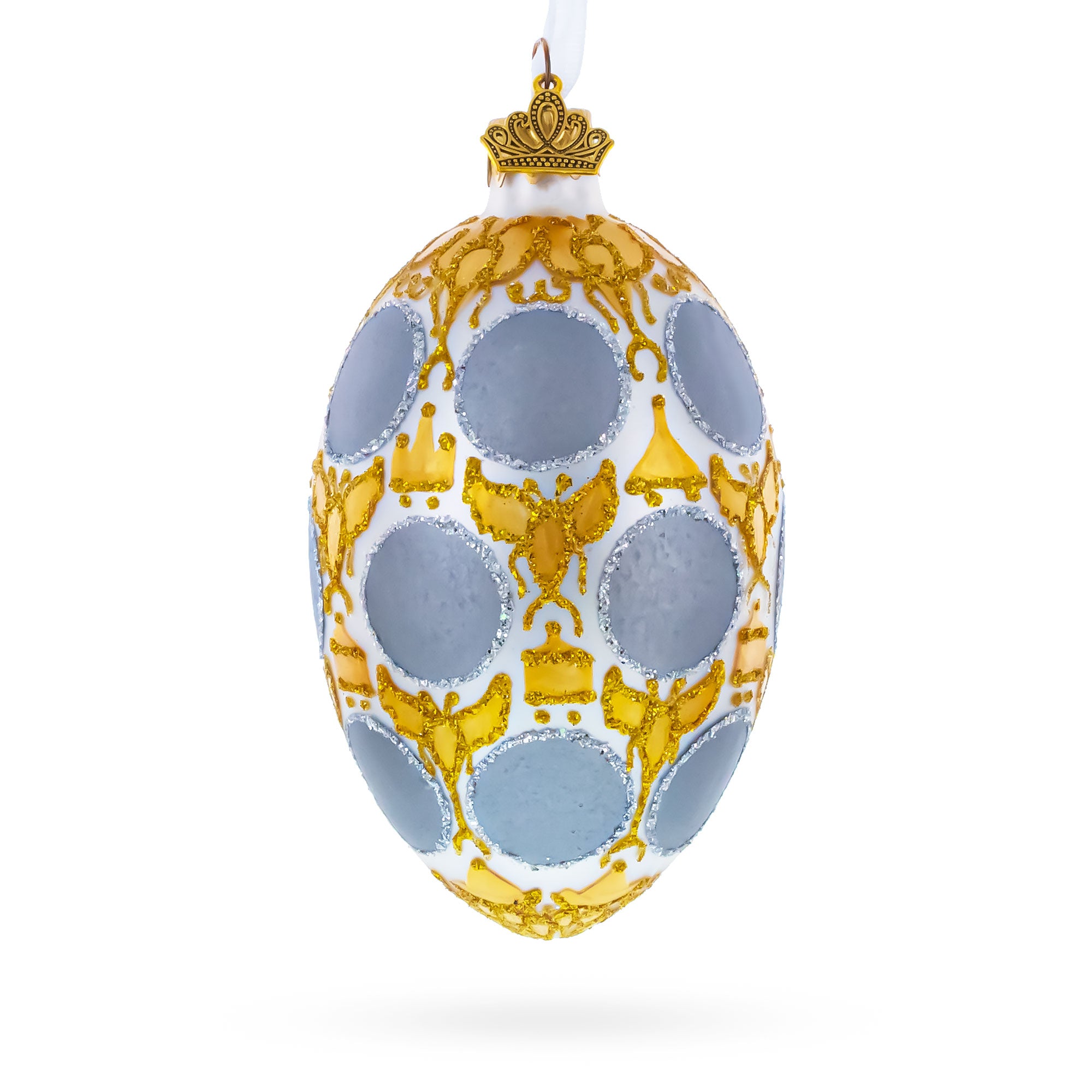 1913 Romanov Tercentenary Royal Glass Egg Ornament 4 Inches in Silver color Oval