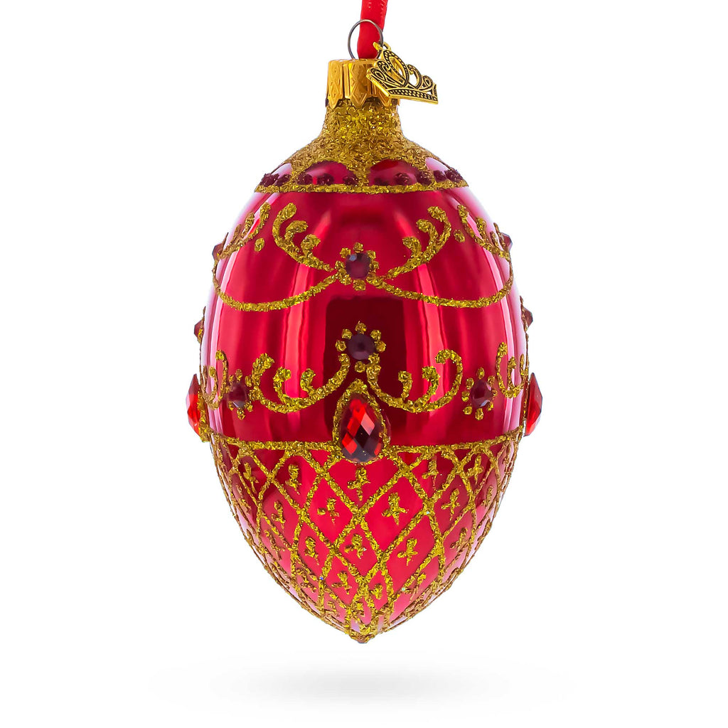 Red Jewels on Glossy Red Glass Egg Ornament 4 Inches in Red color Oval
