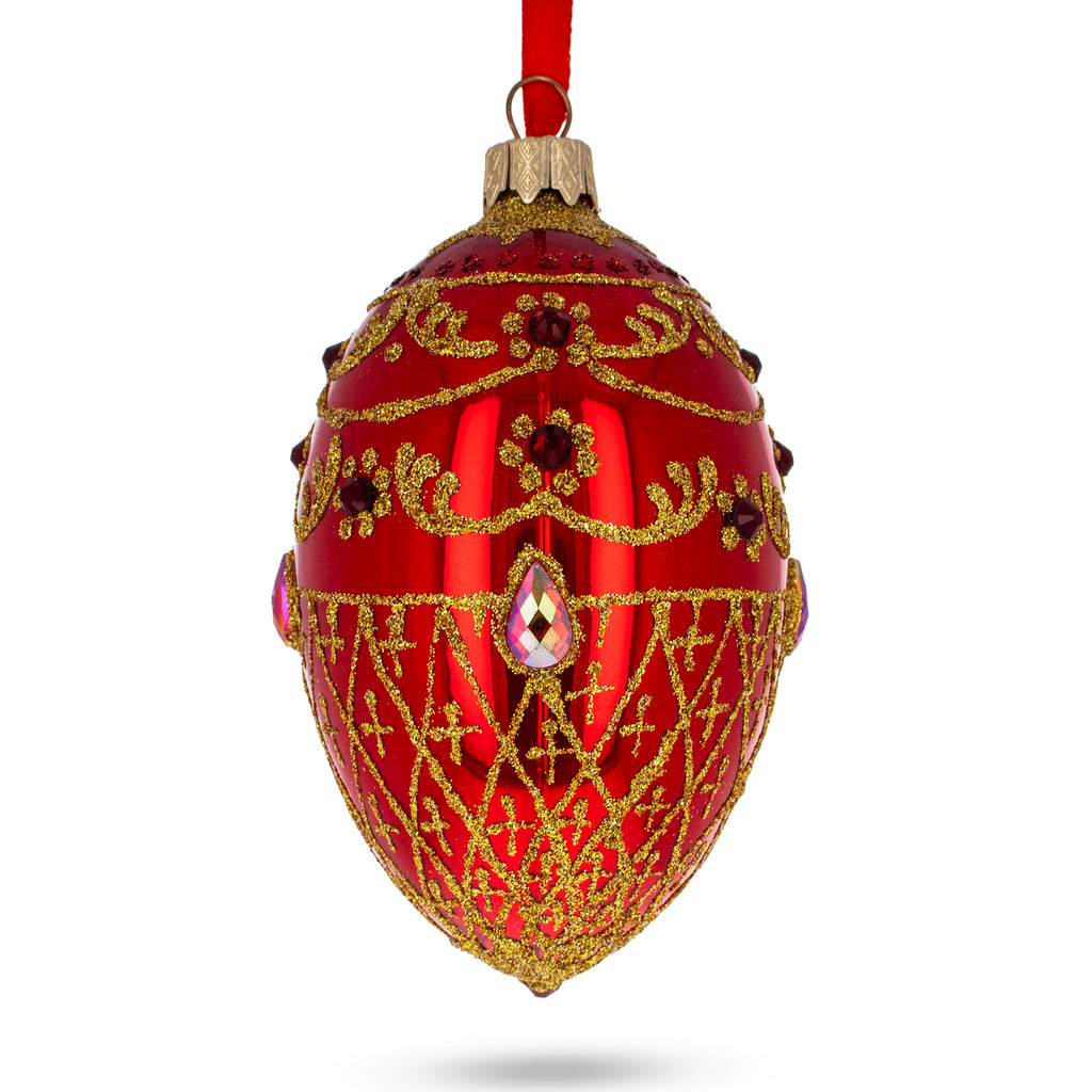 Ruby Jewels on Glossy Red Glass Egg Ornament 4 Inches in Red color, Oval shape