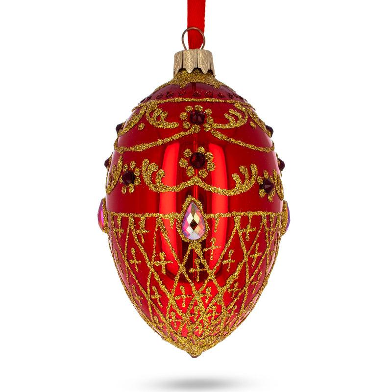 Ruby Jewels on Glossy Red Glass Egg Ornament 4 Inches in Red color, Oval shape