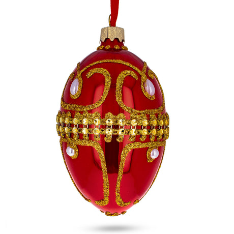 Jeweled White Beads on Glossy Red Glass Egg Ornament 4 Inches in Red color, Oval shape
